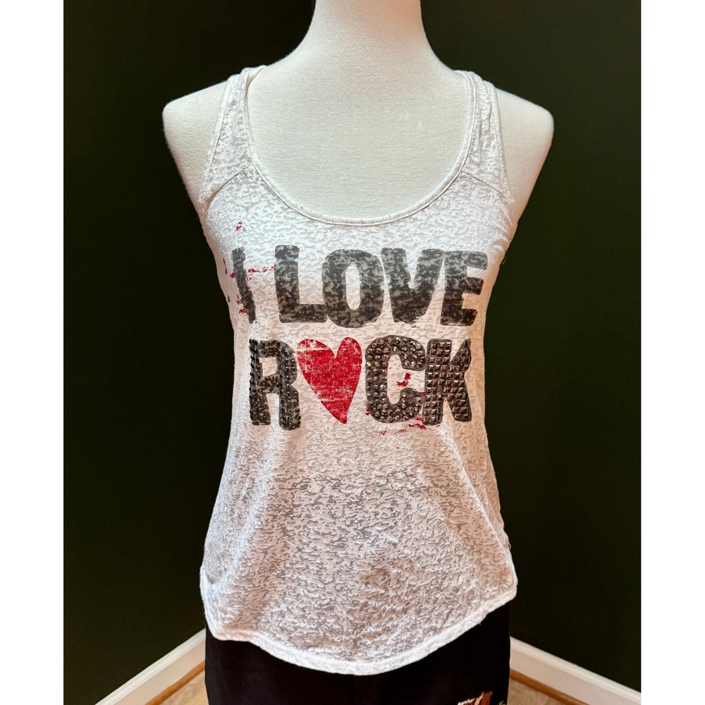 Y2K Eyeshadow White "I Love Rock" Graphic Tank Top Women's Size M